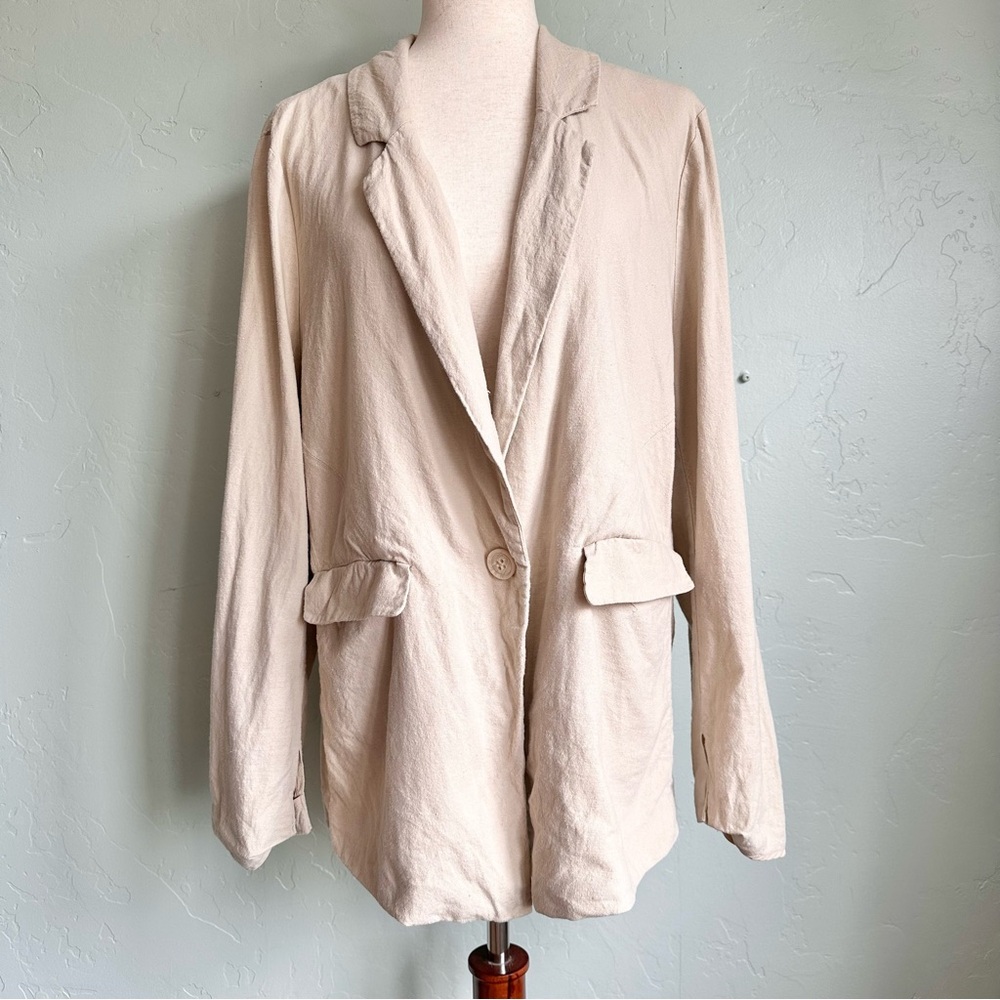 Evereve Women Classic Beige Linen Single Button Blazer Large Summer Work Travel